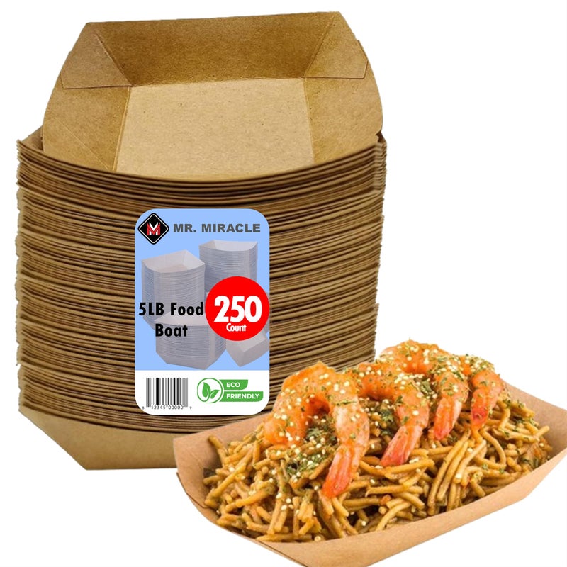 Mr. Miracle Paper Food Trays, Kraft Paper. Extra Large (5LB). 250 Pack, Disposable, Recyclable Serving Boats.for Condiments, Snacks & Concession Food, Grease Ressistant - Image 1